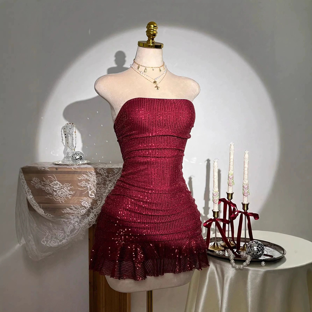 Zara Feng New Strapless Sequin Backless Laceup Ruffle Hem Bodycon Party